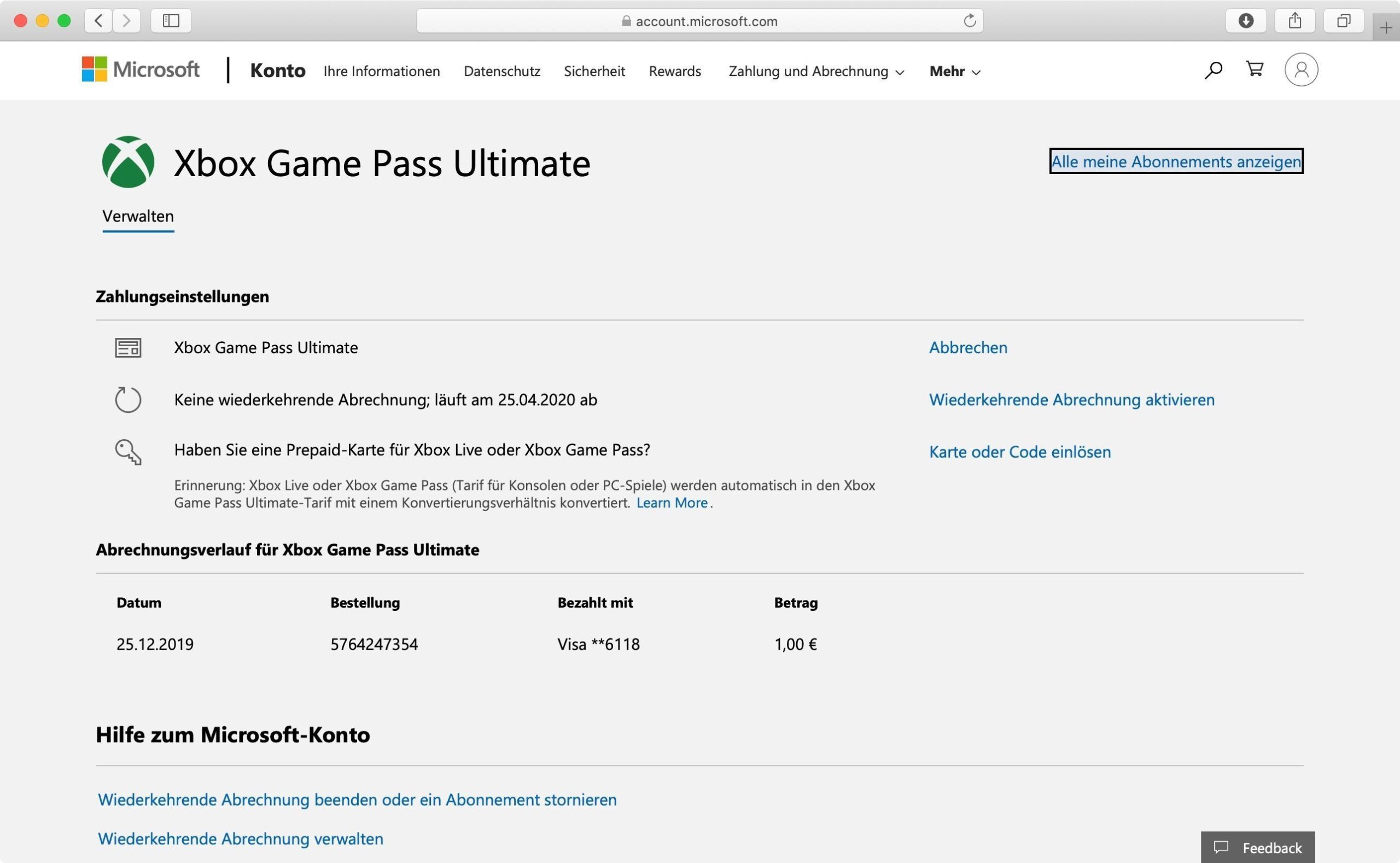 Status Abo Xbox Live Gold, Xbox Game Pass bzw. Xbox Game Pass Ultimate prüfen