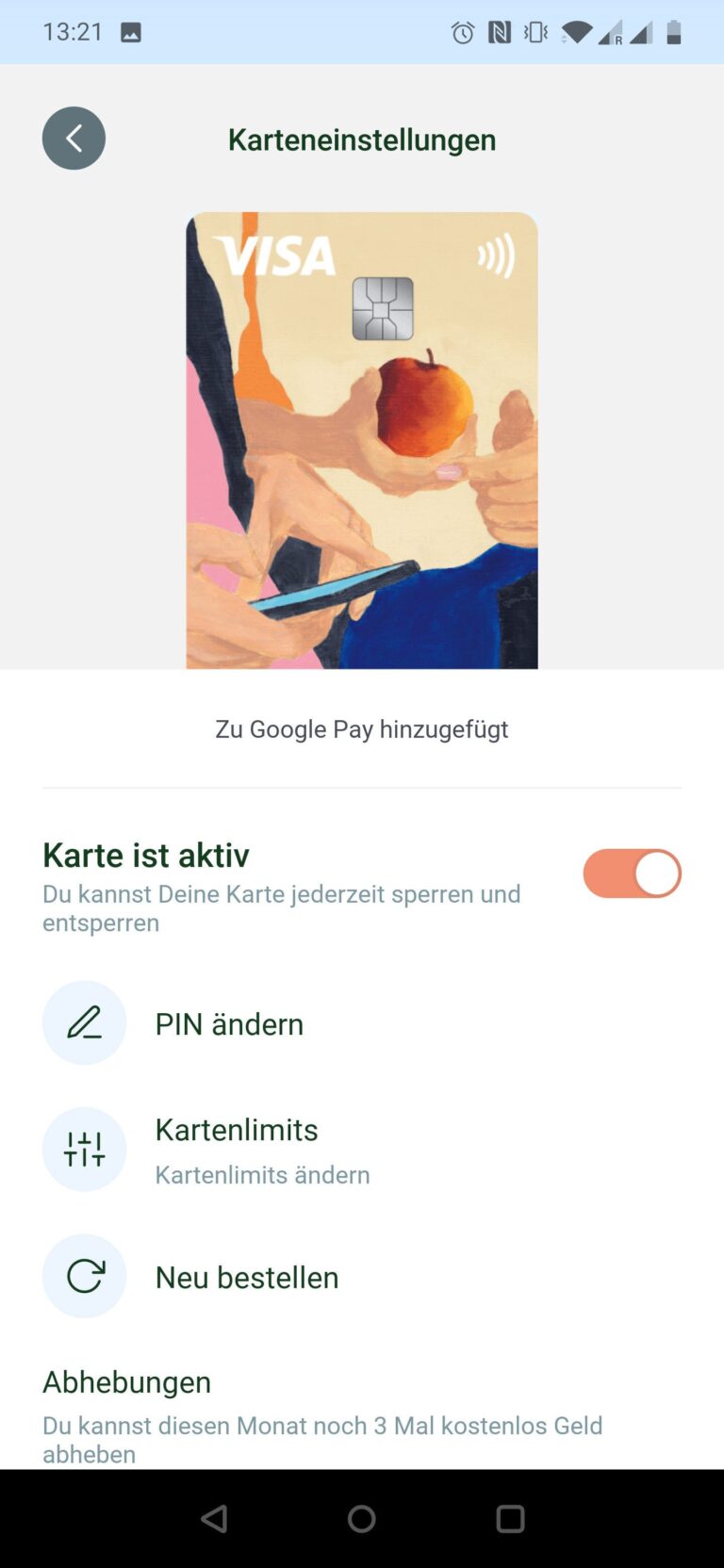 Screenshot - Kartensteuerung der Debit-Karte in der App