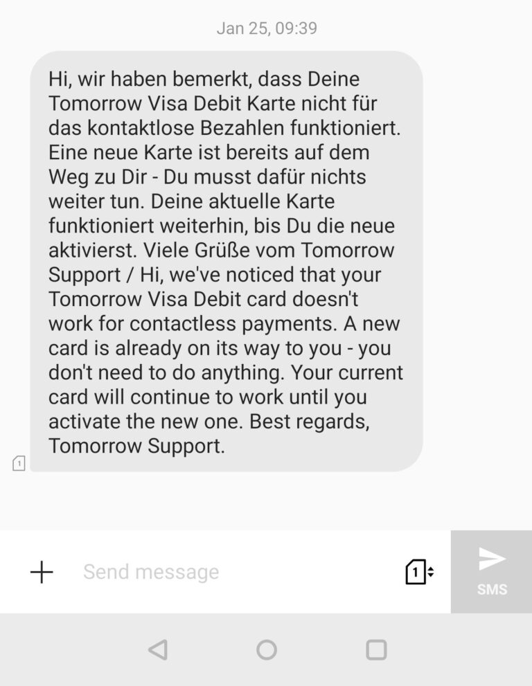 SMS von Tomorrow - Visa Debit defekt und wird getauscht