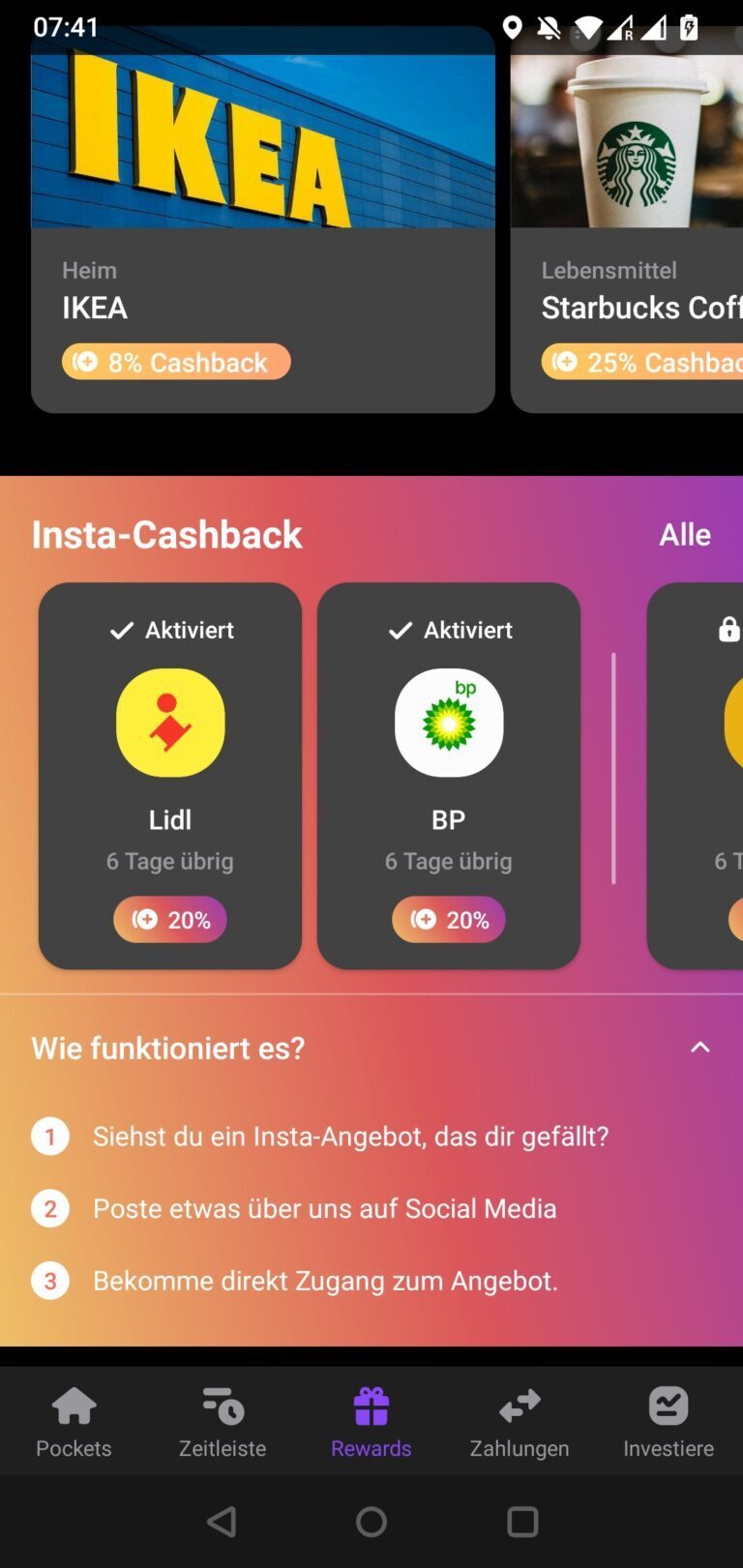 Aktivierte Cashback-Angebote im Rewards-Tab in der App