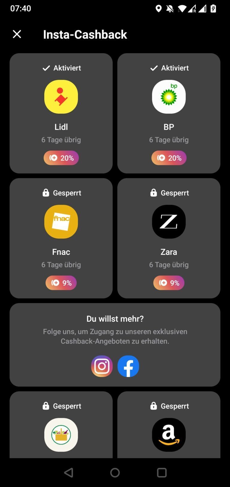 Angebote für „Insta-Cashback“ in der Vivid-App