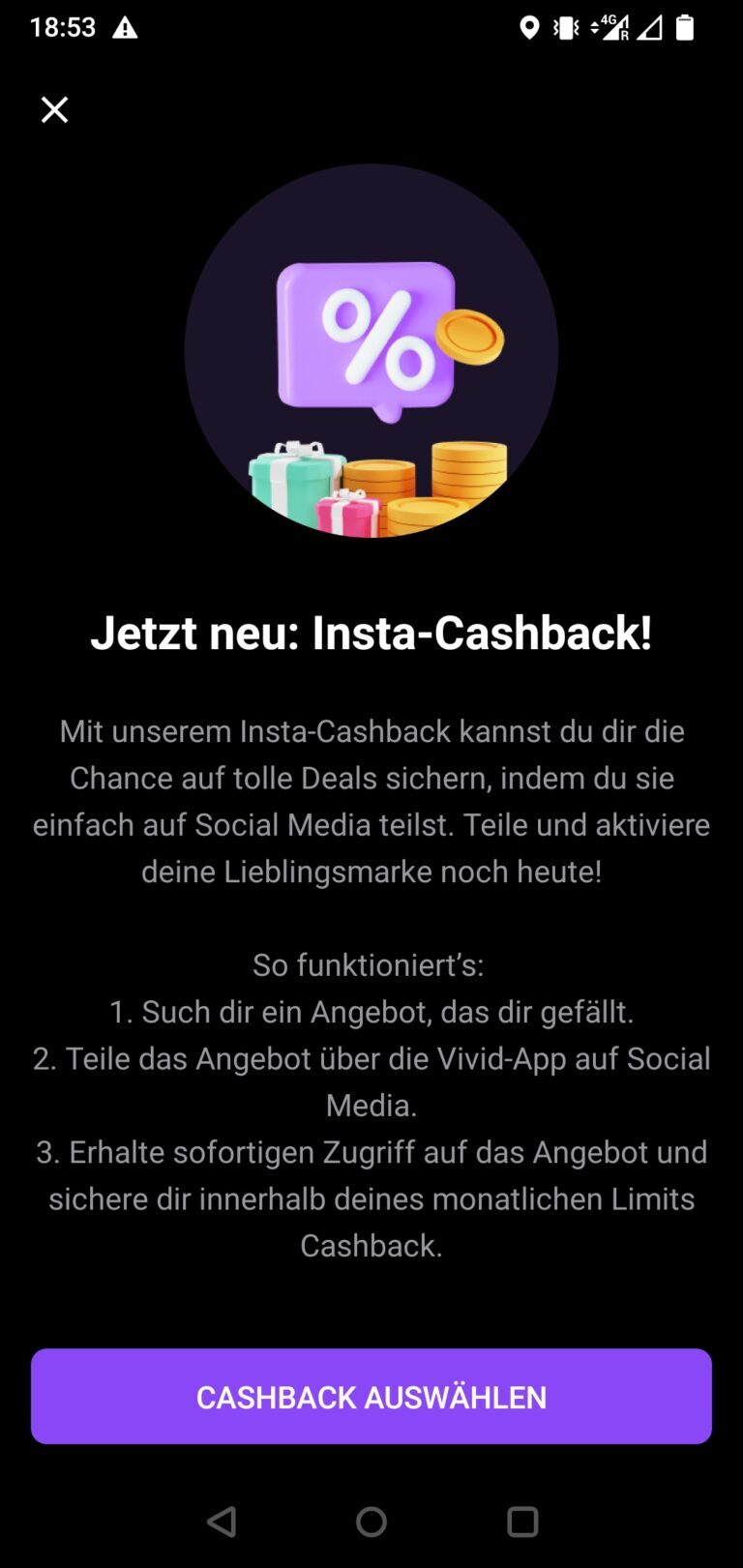 „Insta-Cashback“ - so funktioniert es (Erklärung aus der App)