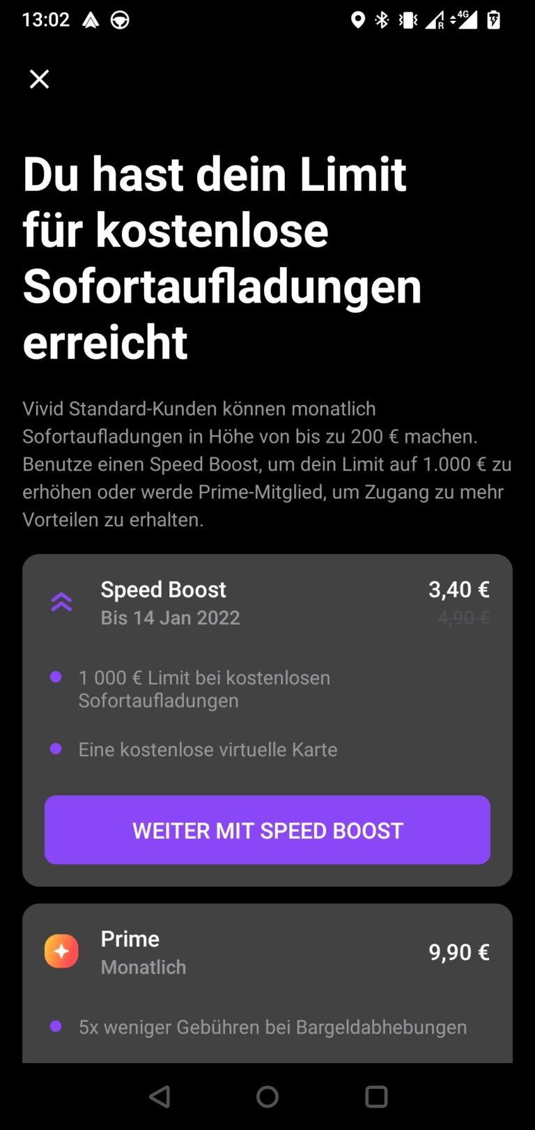 „Speed Boost“ - Limit für Top-Up per Kreditkarte, Google Pay usw. erhöhen