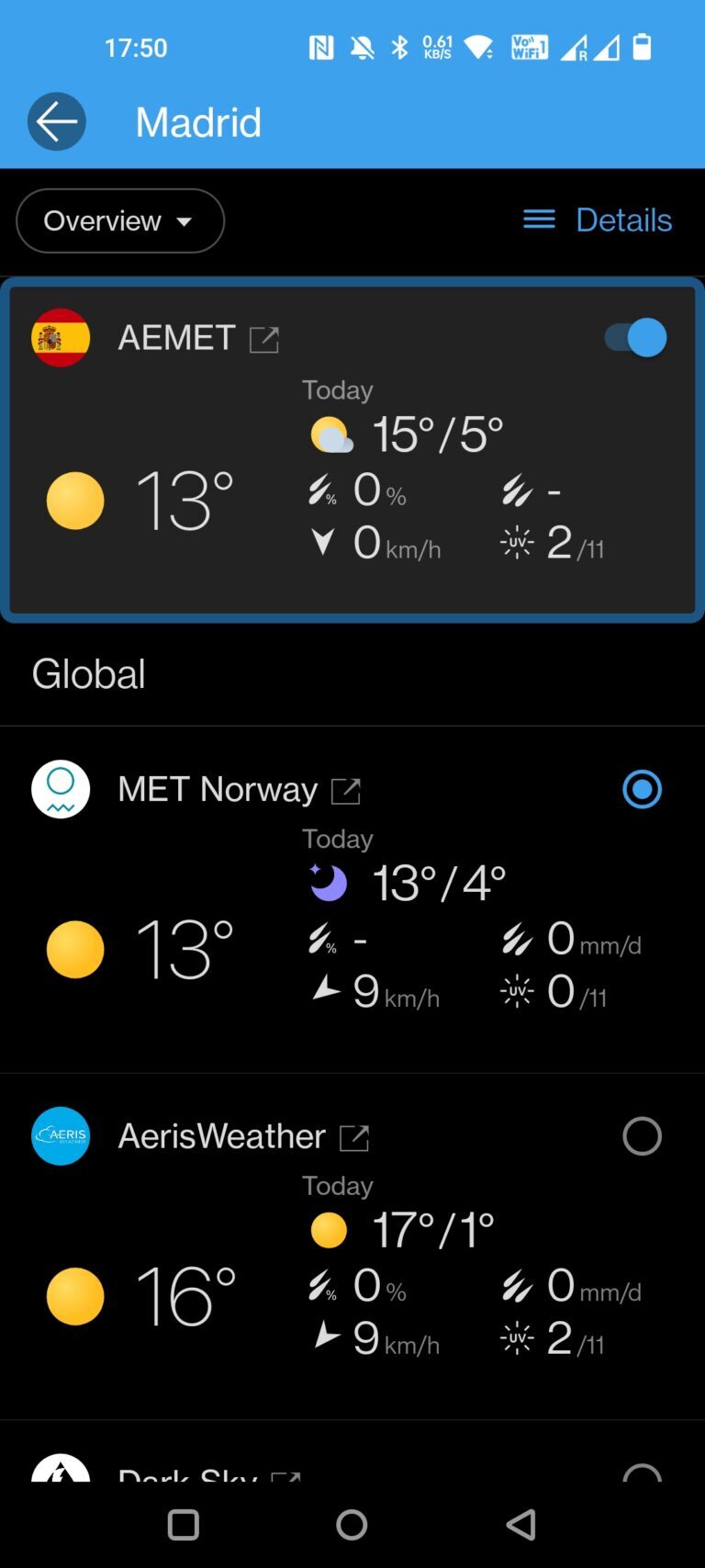 Provider für Wetterdaten in der Weawow-App auswählen