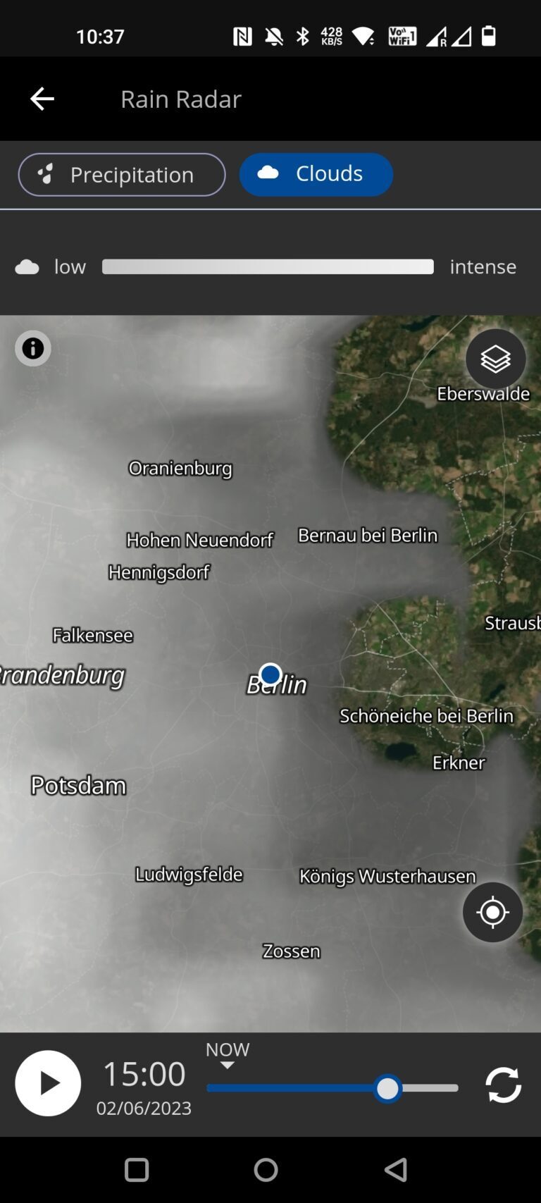 Radar in der Wetter.com-App - hier Wolken-Radar