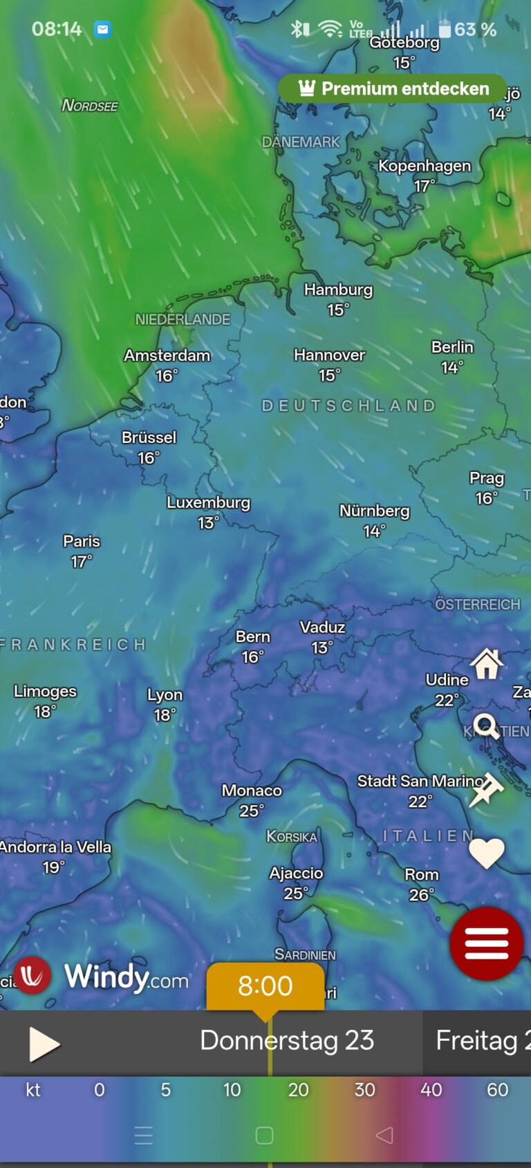 Windkarte in der Windy-App
