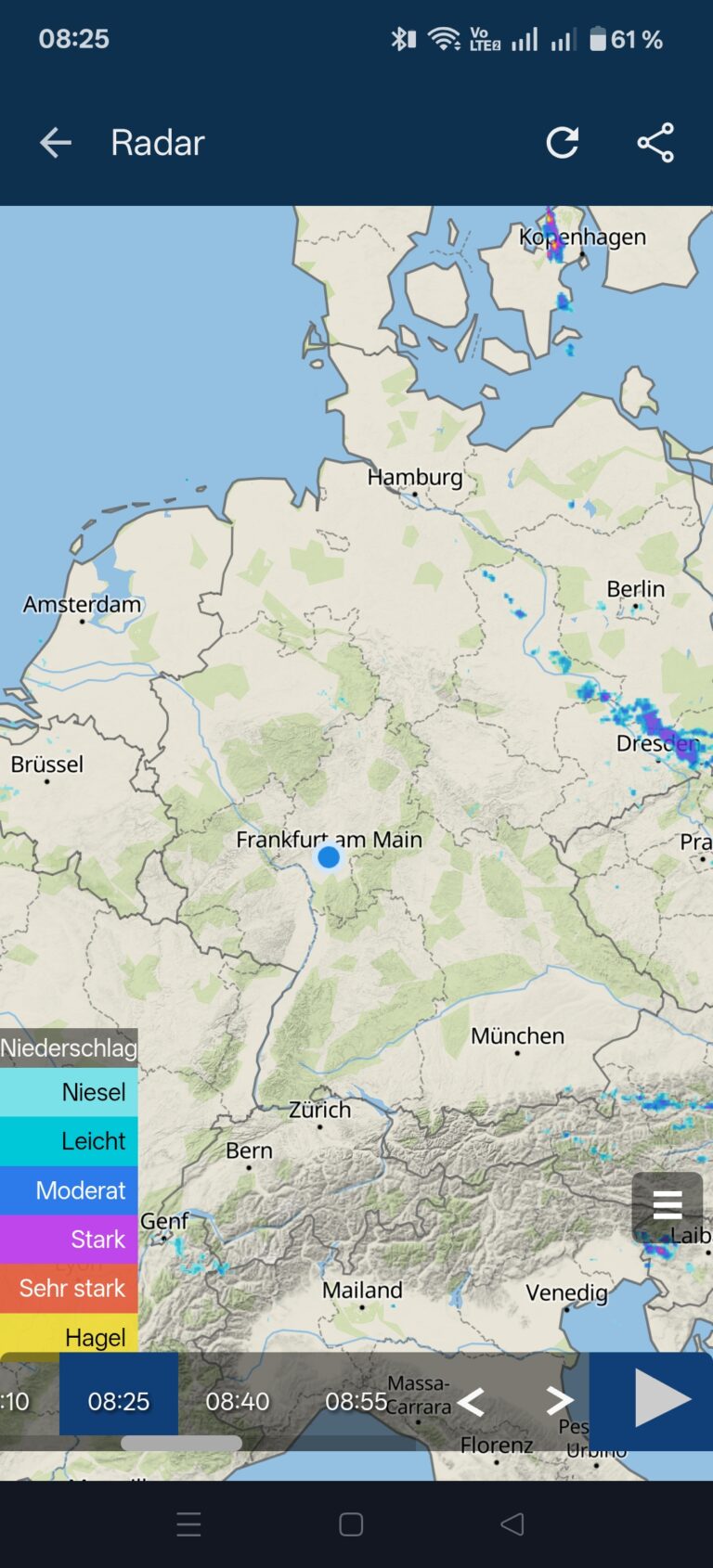 Regenradar bei meteoblue