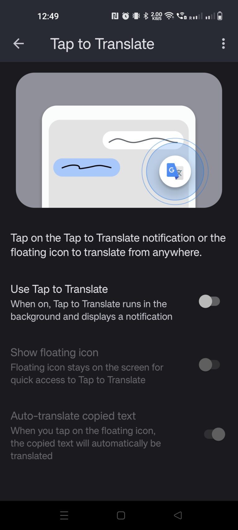 Tap-to-Translate in der den Einstellungen der Google Translator-App