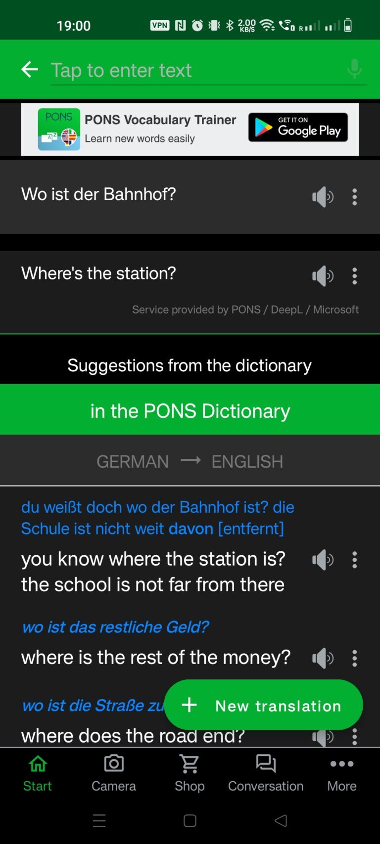 PONS Sprachübersetzer mit Textprompt
