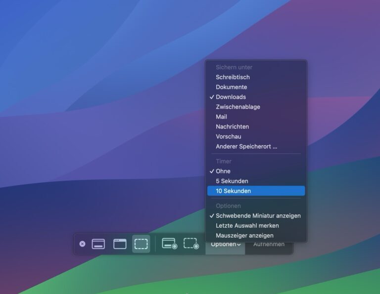 Das Bildschirmfoto-Menü von macOS (aufrufbar per Shortcut) mit weiteren Optionen