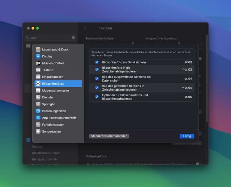 Tastaturkurzbefehle für Bildschirmfotos ändern (macOS Systemeinstellungen)