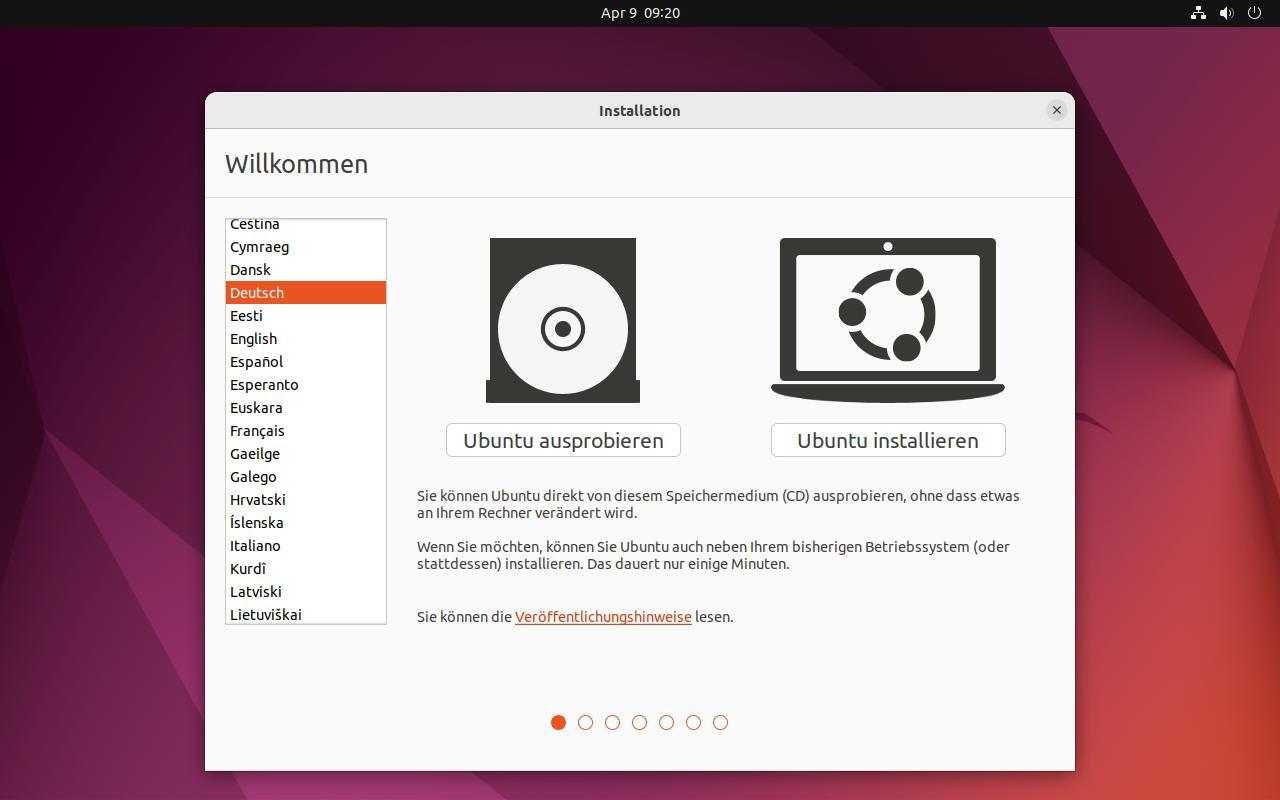 Ubuntu Installation - 1. Schritt - Sprache und Installationsart