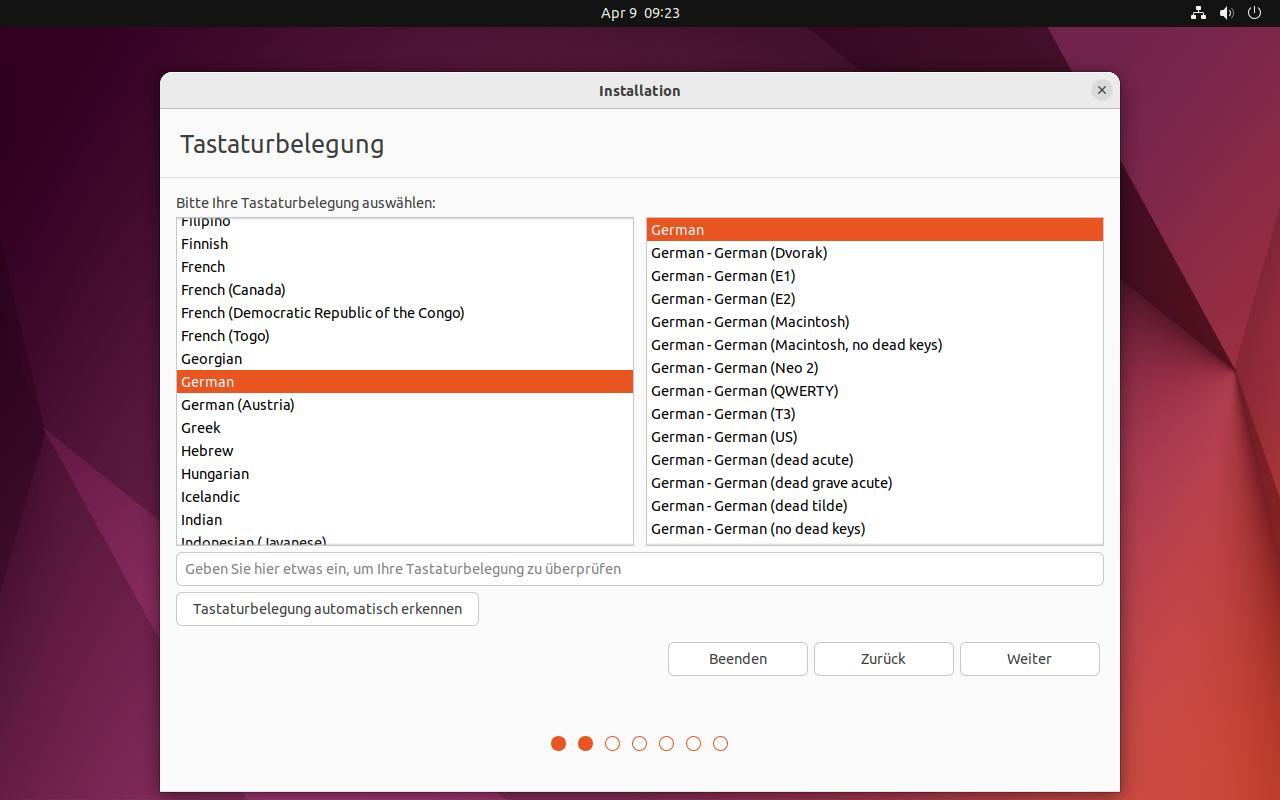 Ubuntu Installation - 2. Schritt - Tastaturbelegung