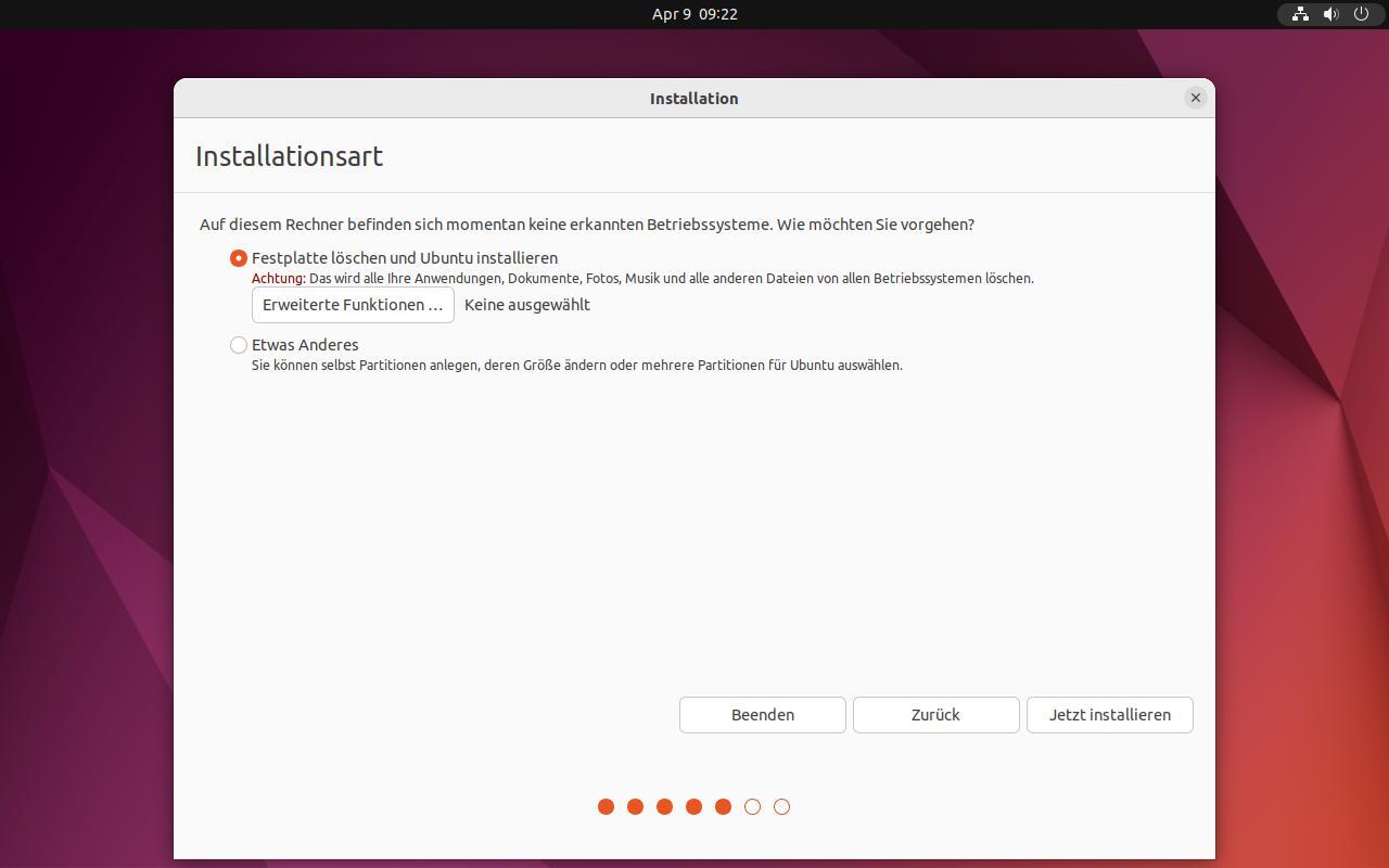 Ubuntu Installation - 4. Schritt - Festplatte