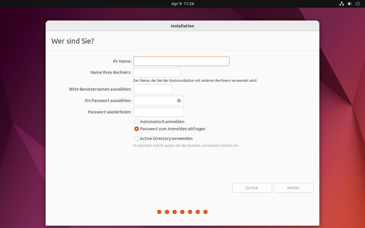 Ubuntu Installation - 6. Schritt - Anmeldeinformationen