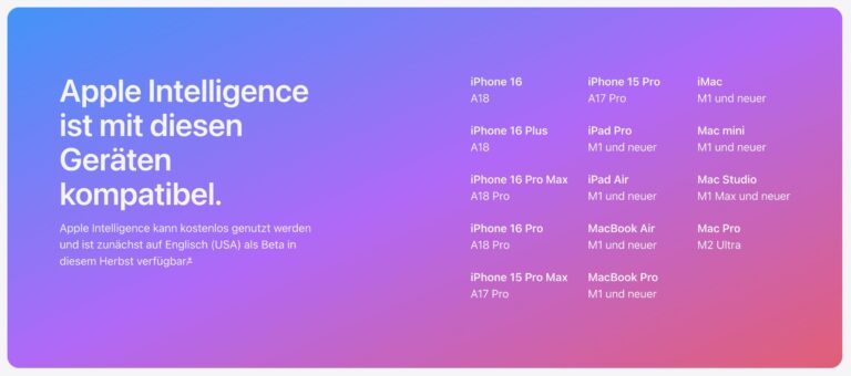 Screenshot: Liste der kompatiblen Geräte - Apple Intelligence