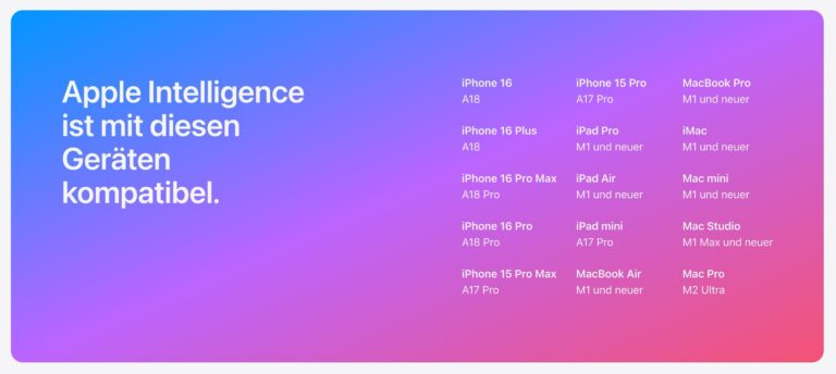 Screenshot: Liste der kompatiblen Geräte - Apple Intelligence