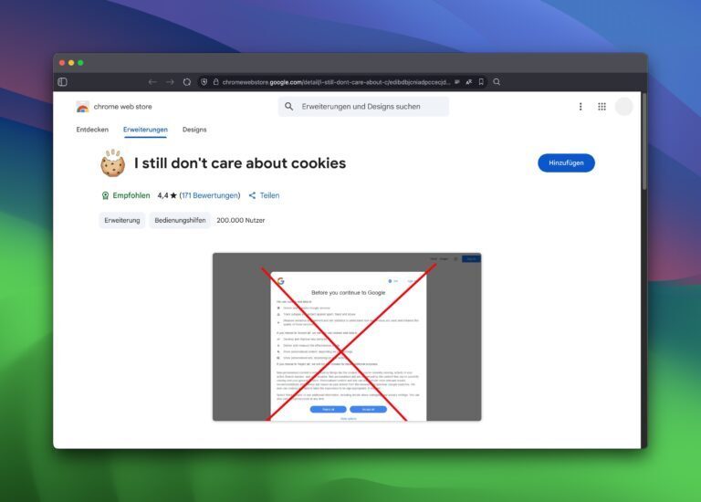 Screenshot Chrome-Erweiterung „I still don't care about Cookies“